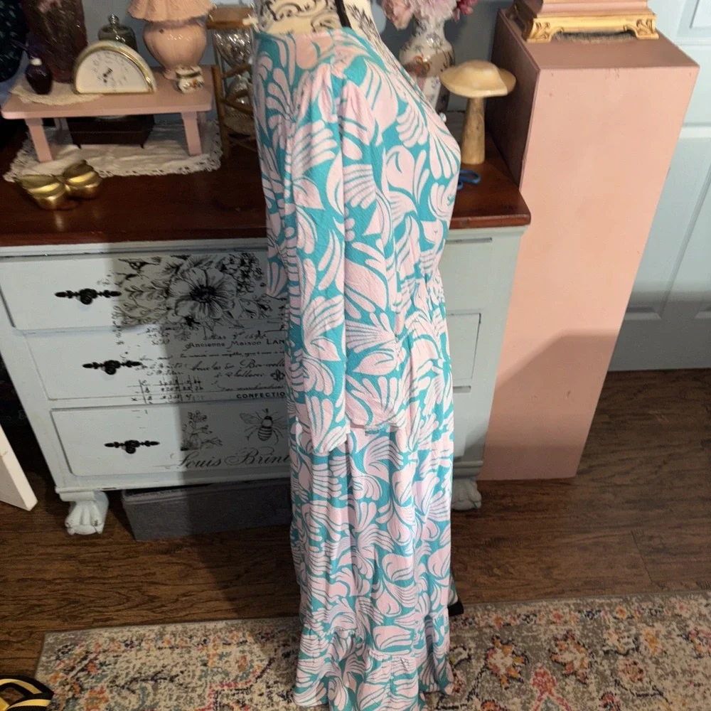 Mary Square Butterfly Sleeve Maxi Dress In Lilac And Teal Sz Medium. Boho.‎